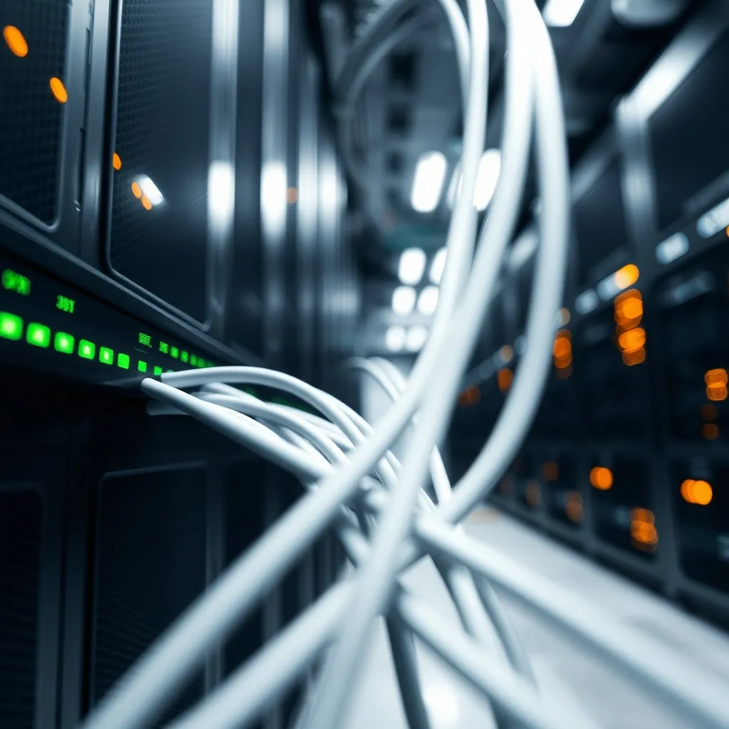 A professional, dark-toned close-up of high-speed fiber opti